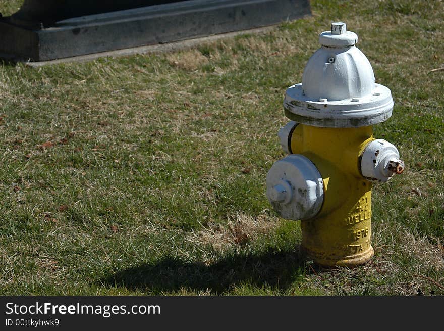 A closeup of a yellow fire hydrant in a small city