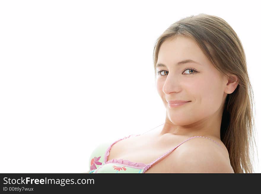 Woman in bra on white background