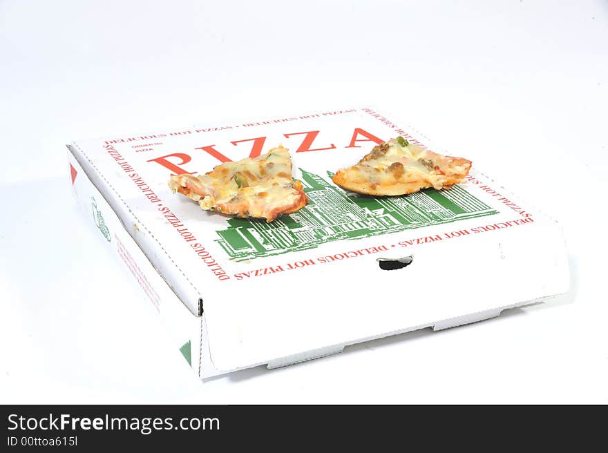 Two slices of pizza on top of pizza box