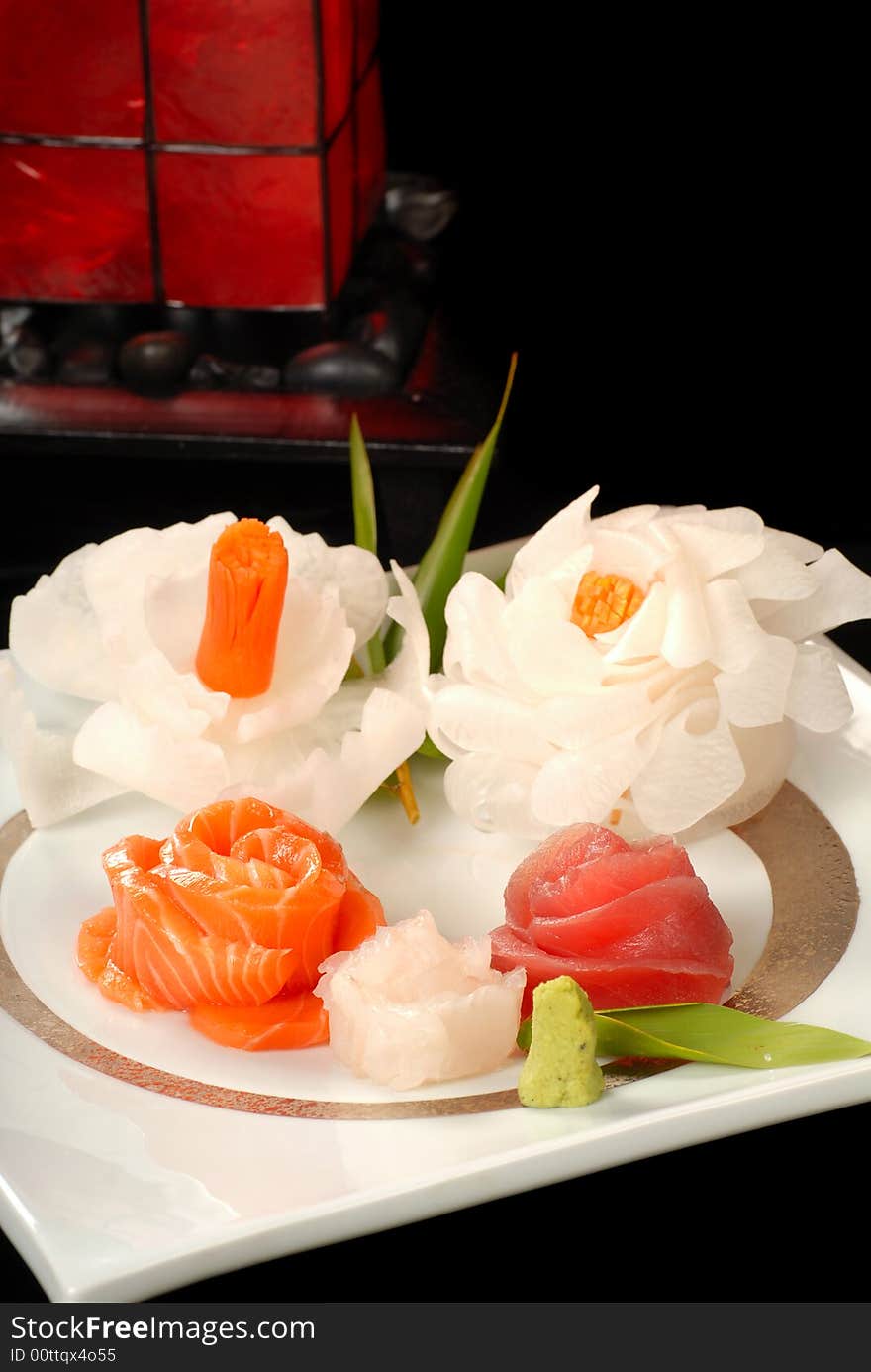 Platter of fresh salmon and tuna sashimi