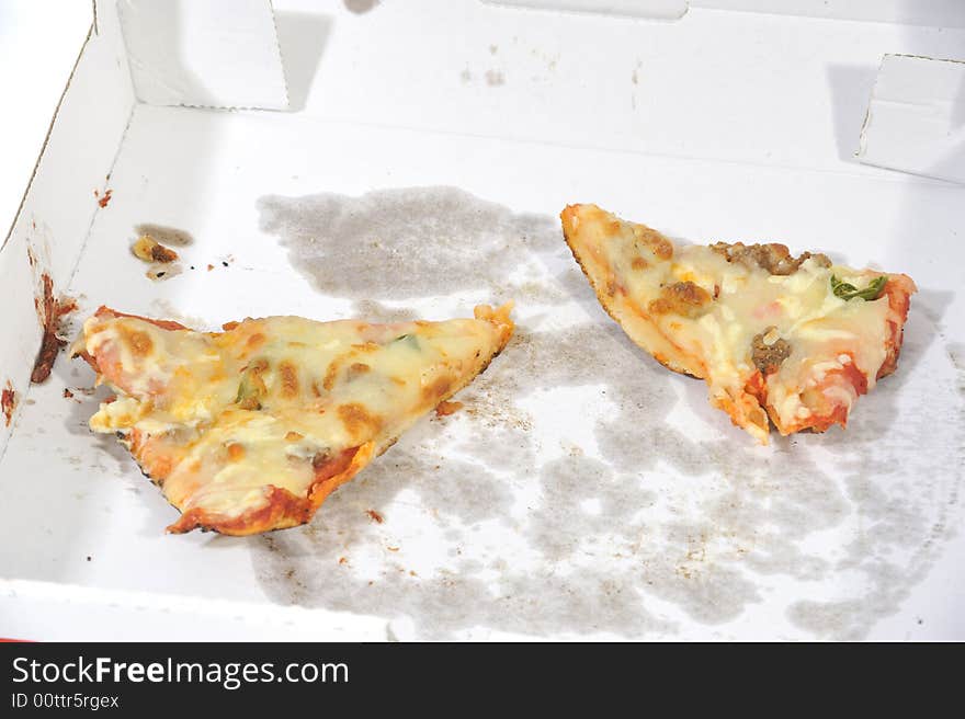 Two slices of pizza in a pizza box. Two slices of pizza in a pizza box