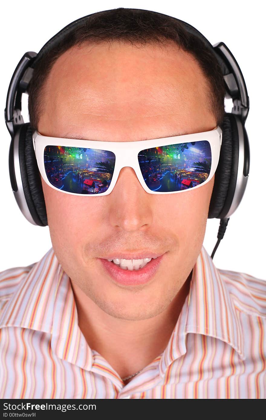 Young man with sunglasses and headphones. my picture on glasses