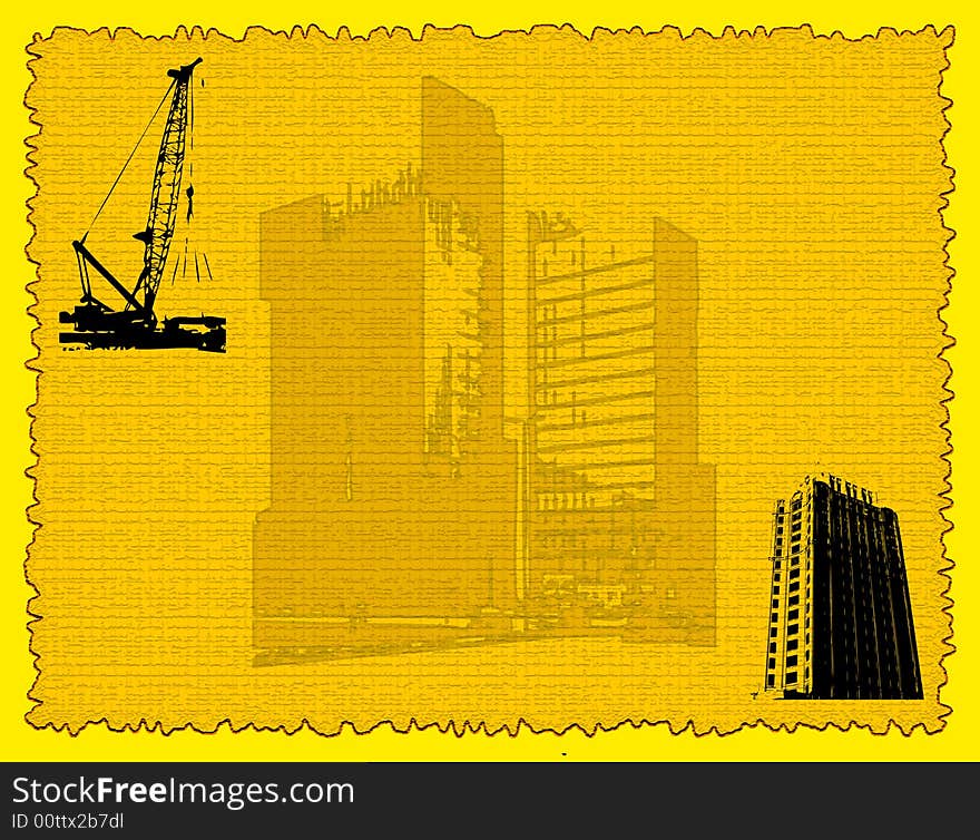 Abstract yellow frame with building shape and crane. Abstract yellow frame with building shape and crane