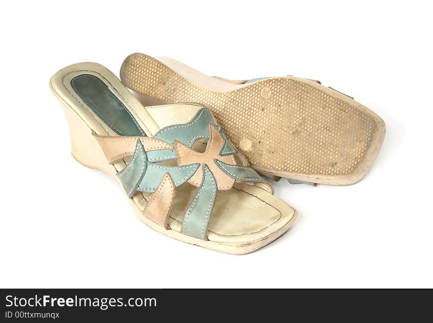 Fashionable old blue sandals on a high heel. Fashionable old blue sandals on a high heel