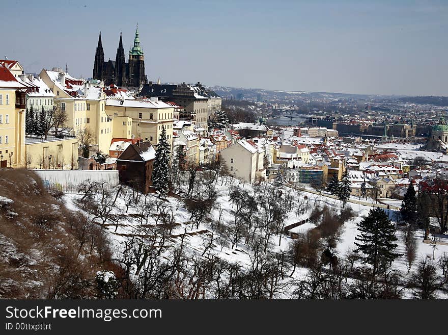 Panoramic view at Prague /Czech Republic / in the winter. On the left is Prague Castle. Panoramic view at Prague /Czech Republic / in the winter. On the left is Prague Castle.