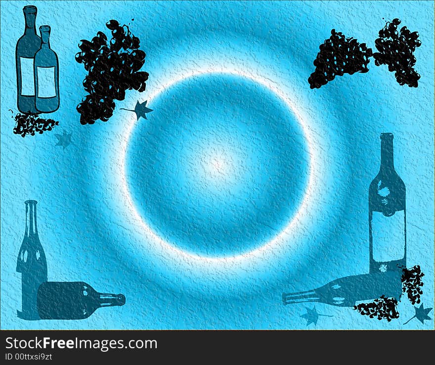 Abstract blue background with various wine bottles and grapes