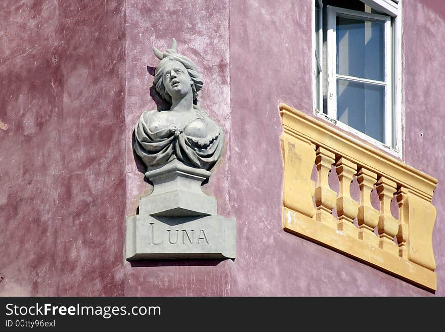 Symbol of the Moon on the corner of a building in Prague /Czech Republic /. Symbol of the Moon on the corner of a building in Prague /Czech Republic /