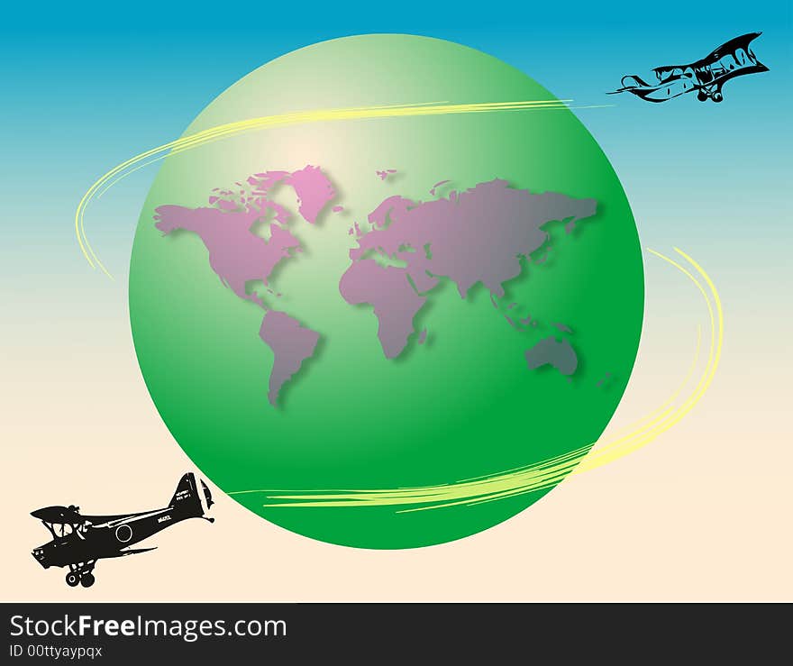 Abstract colored illustration with world map and planes flying