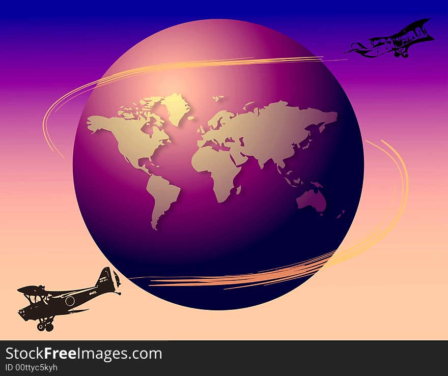 Abstract colored background with world map and plane shapes in the air. Abstract colored background with world map and plane shapes in the air