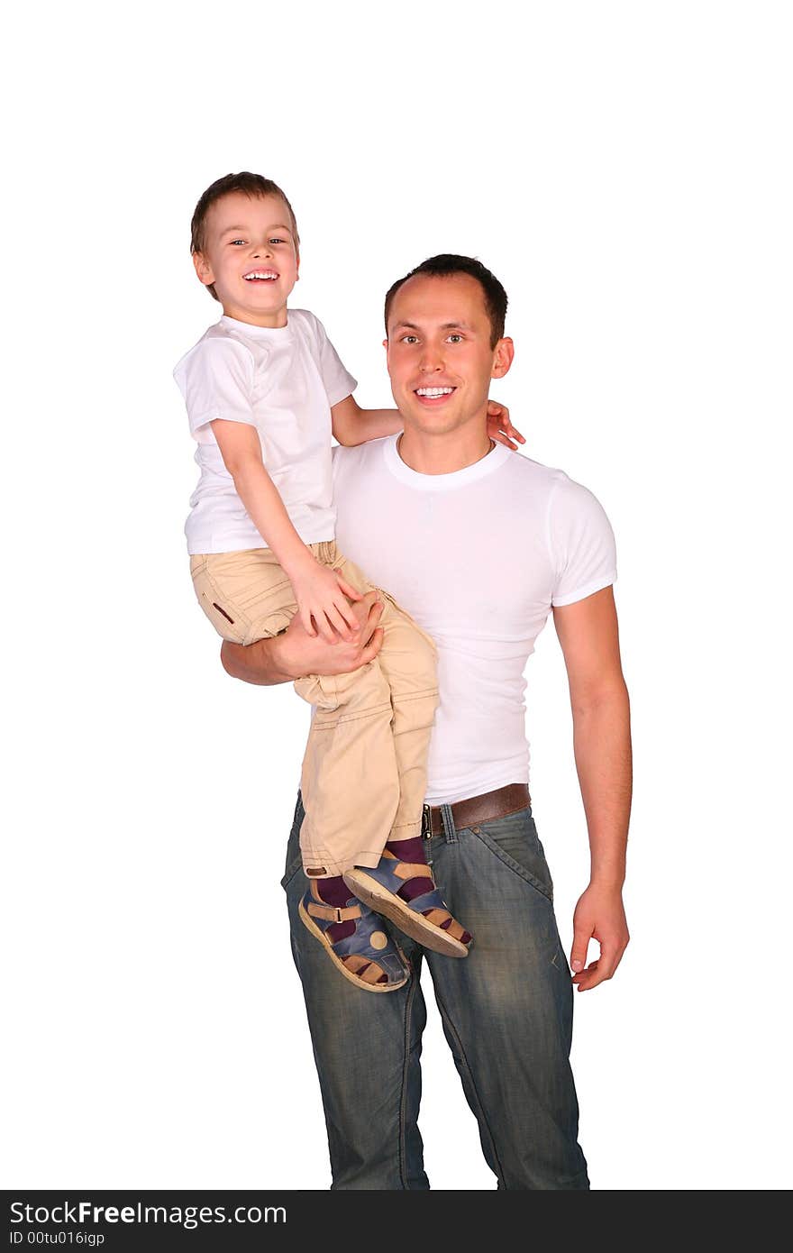 Father holds son on white