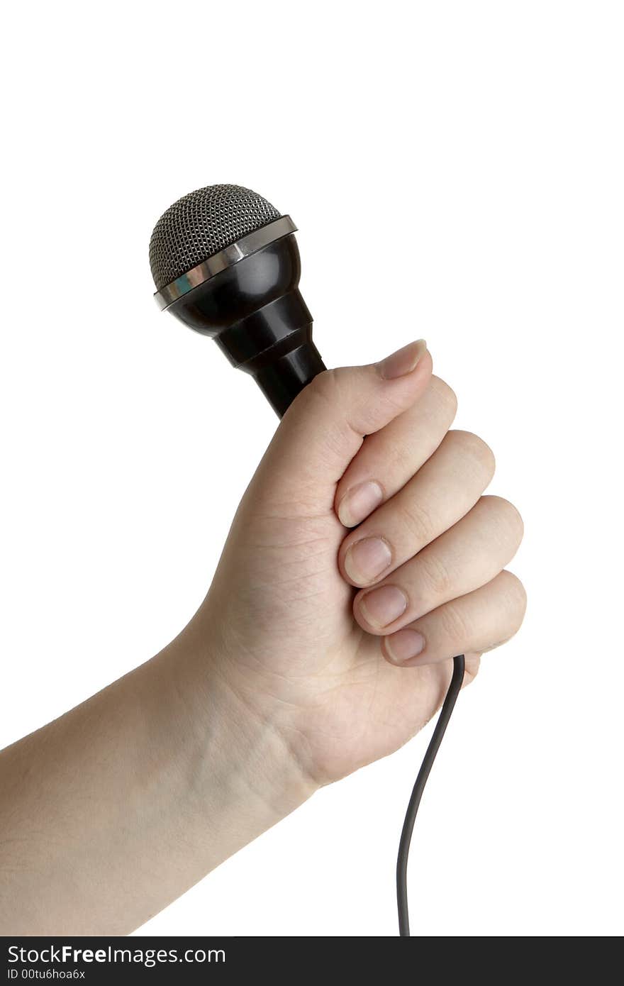 Microphone in hand. isolated on white background