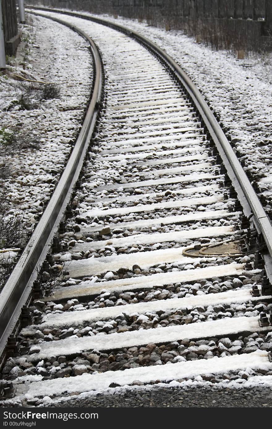 Close up of trolley track after a snowfall. Close up of trolley track after a snowfall