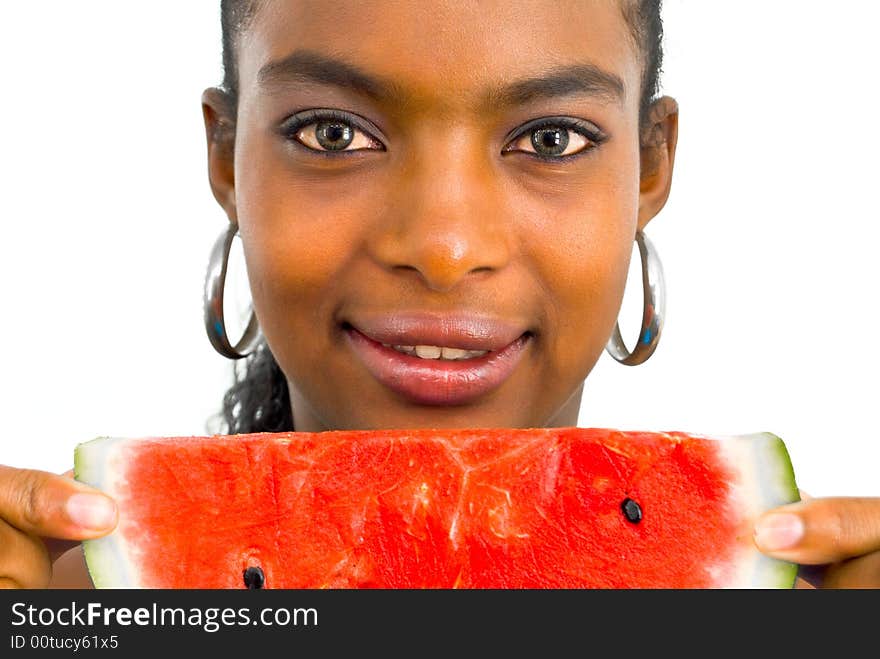 Portrait of a beautiful african girl with water-melon