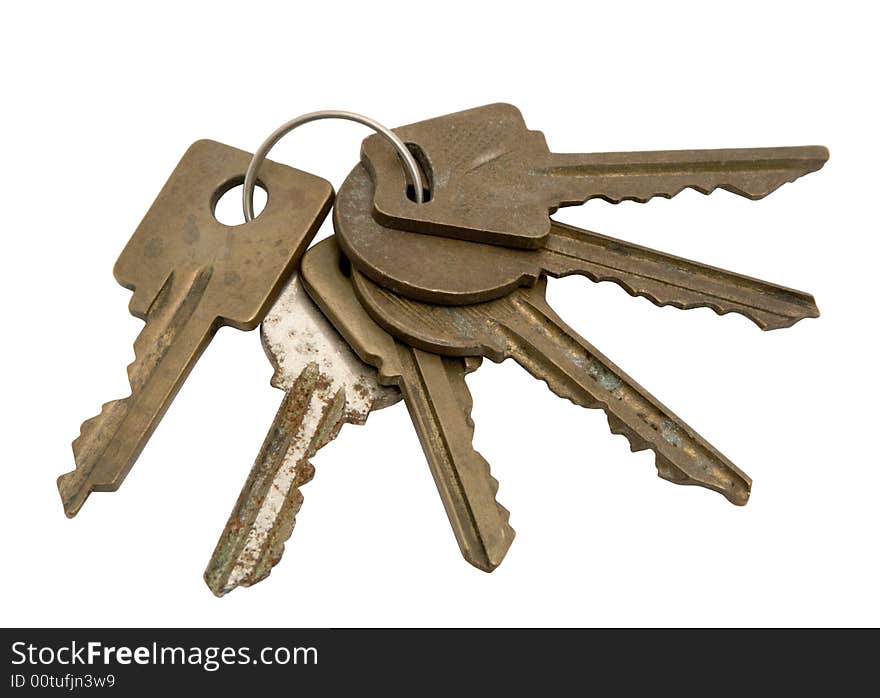 Six keys on a white background. Photo.