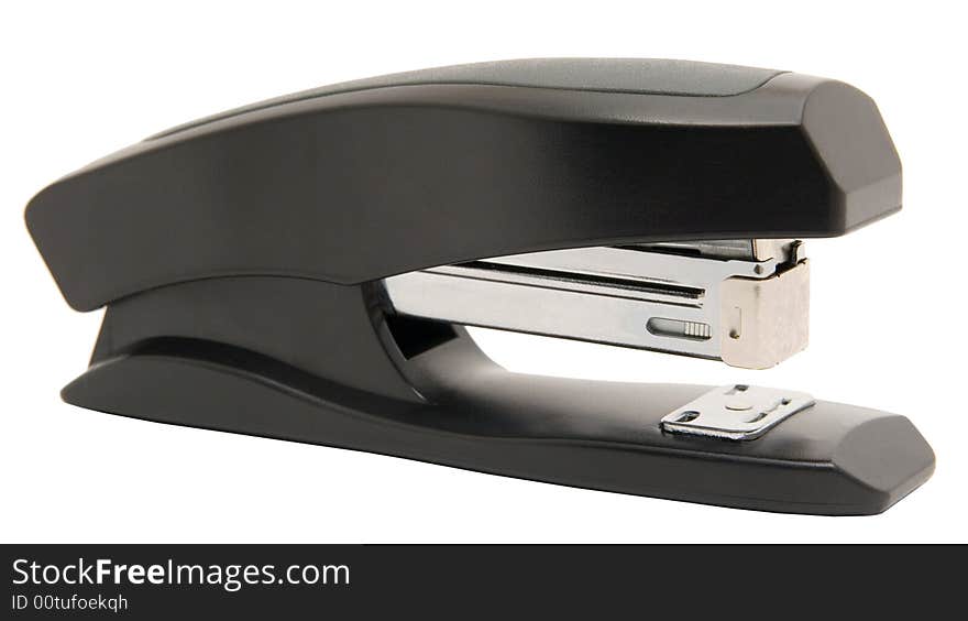 Black stapler on a white background.