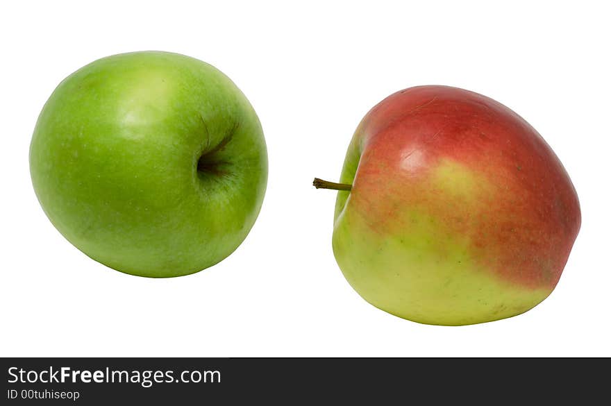 Green and red apples on a white background. Photo.