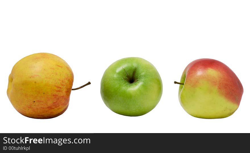 Three apples on a white background. Photo.