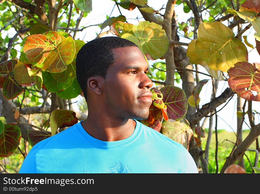 Man with green trees behind him