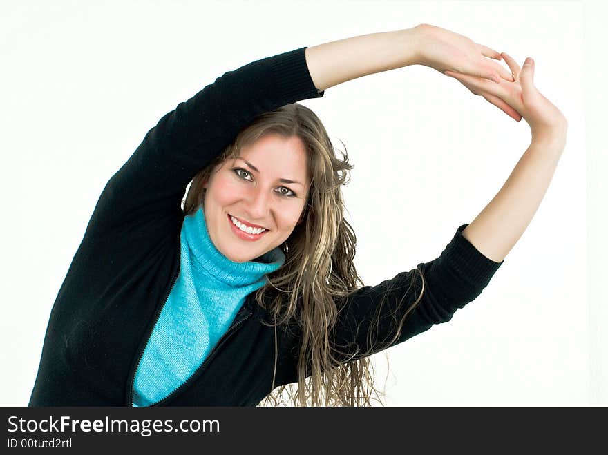 Young lady with hands up