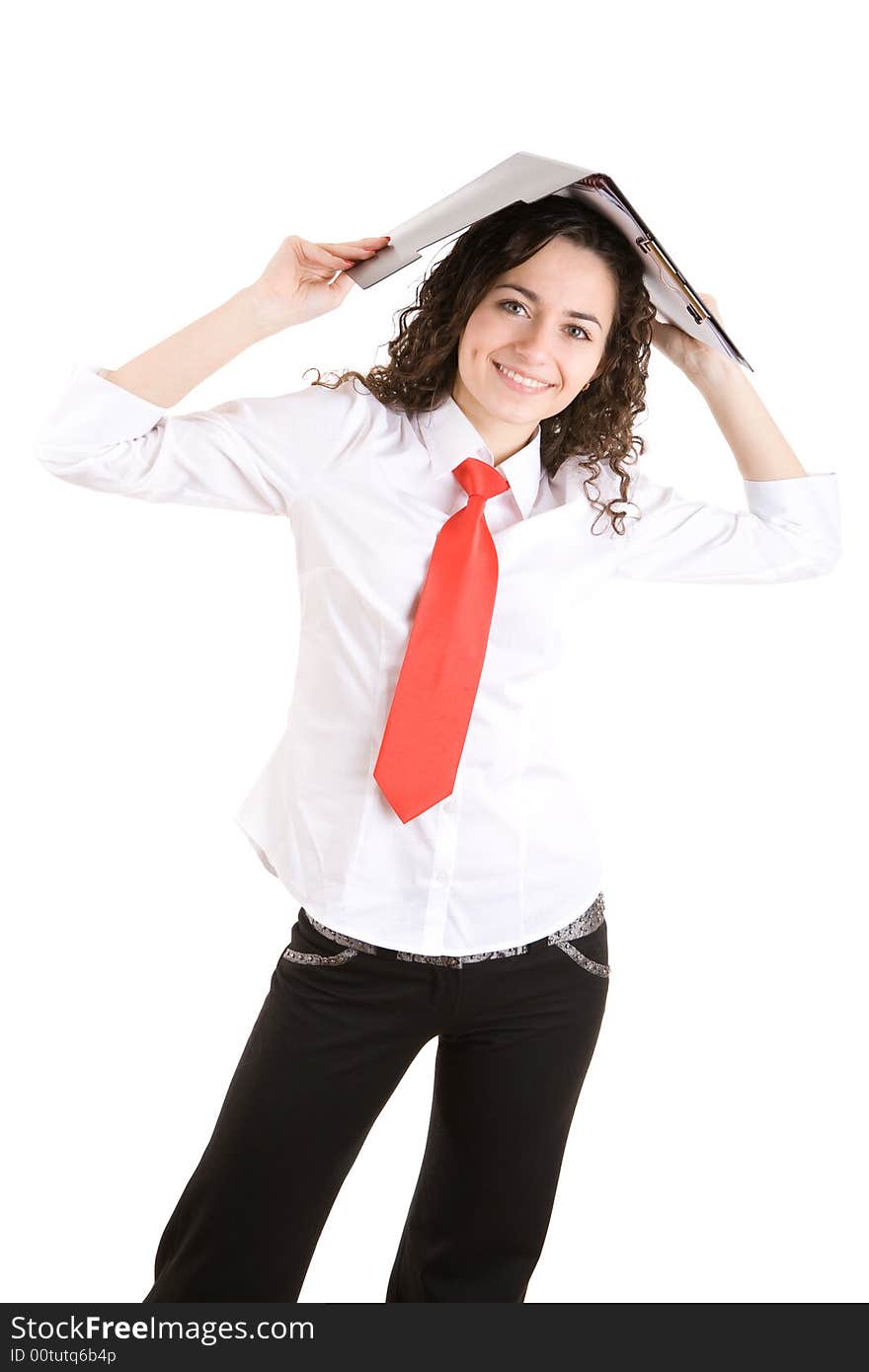 Happy businesswoman closes her head with a carpet with documents. Happy businesswoman closes her head with a carpet with documents