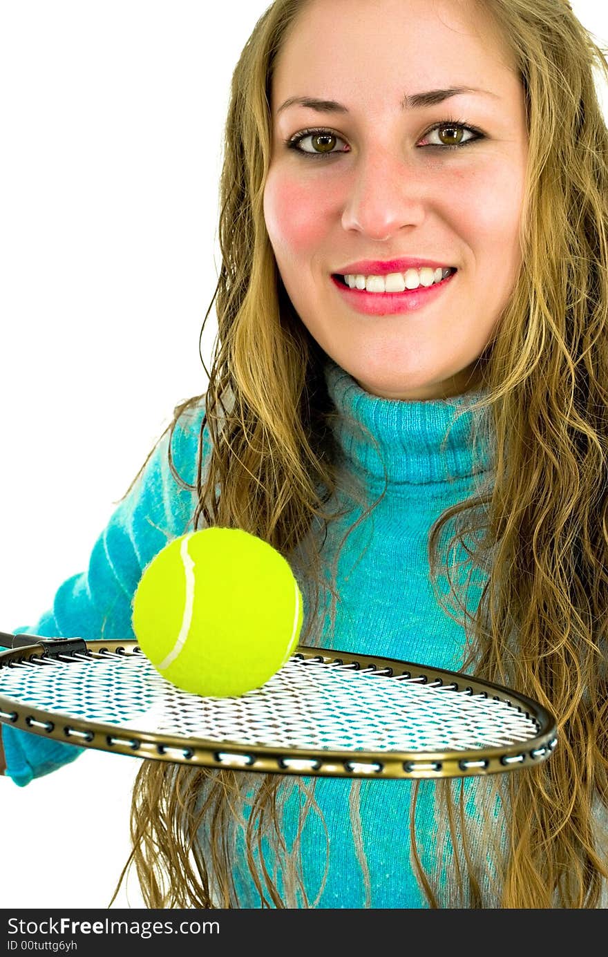 Smiling young woman with racket and yellow ball. Smiling young woman with racket and yellow ball