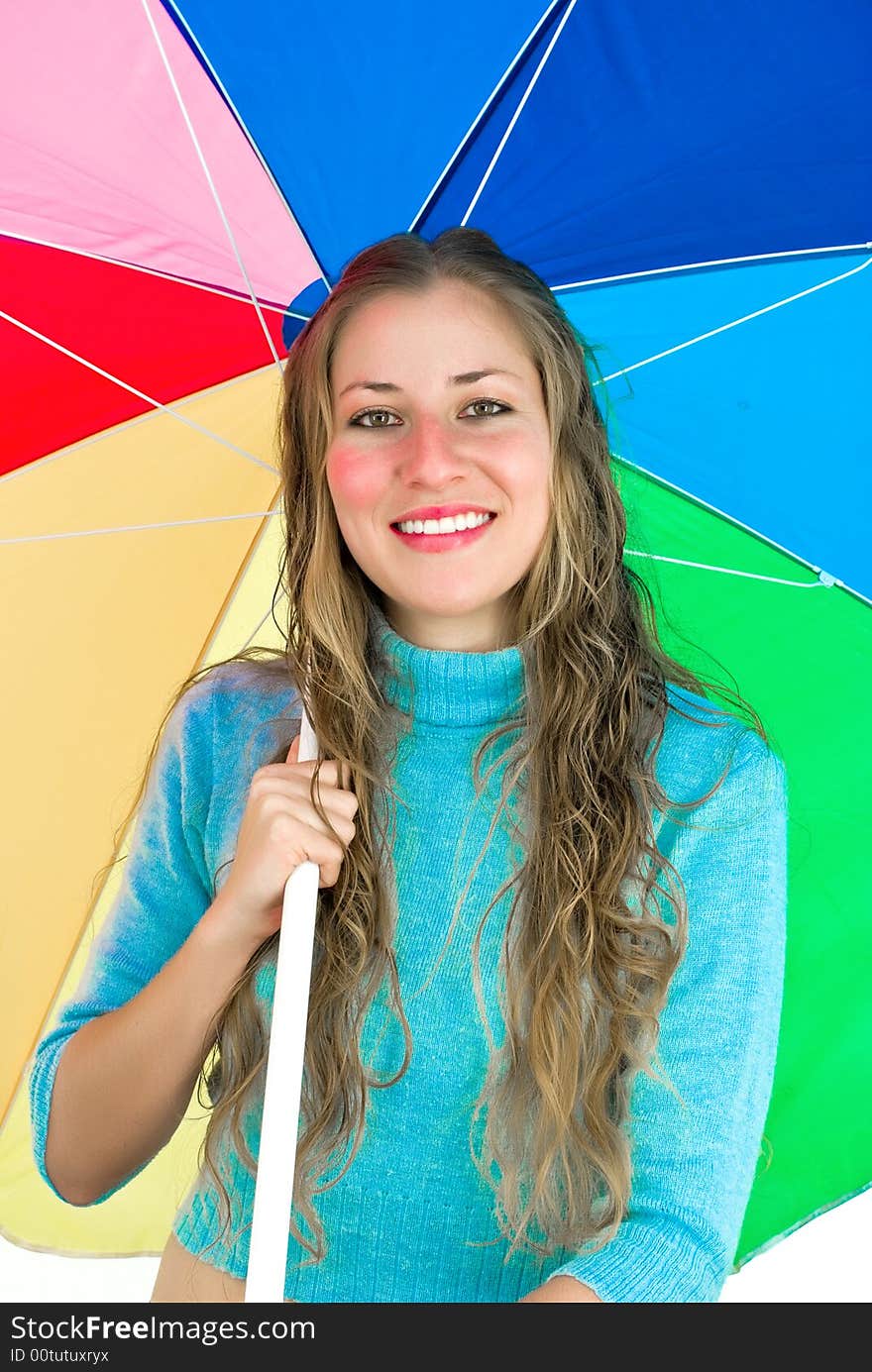 Gorgeous lady with large colorful umbrella