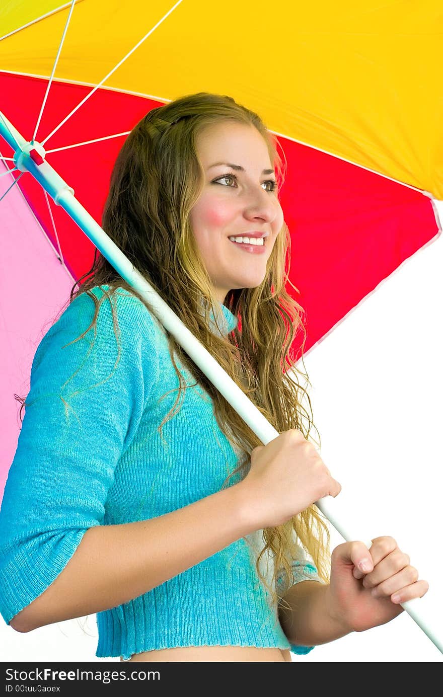 Gorgeous lady with large colorful umbrella. Gorgeous lady with large colorful umbrella