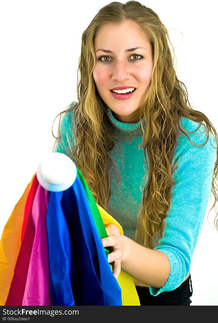 Lady attacking with colorful umbrella