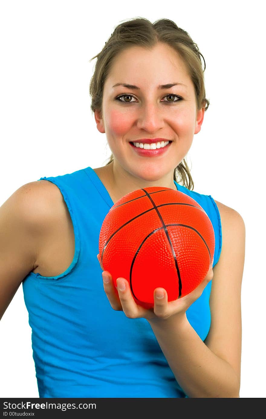 Smiling lady in blue with a small red ball in hands. Smiling lady in blue with a small red ball in hands