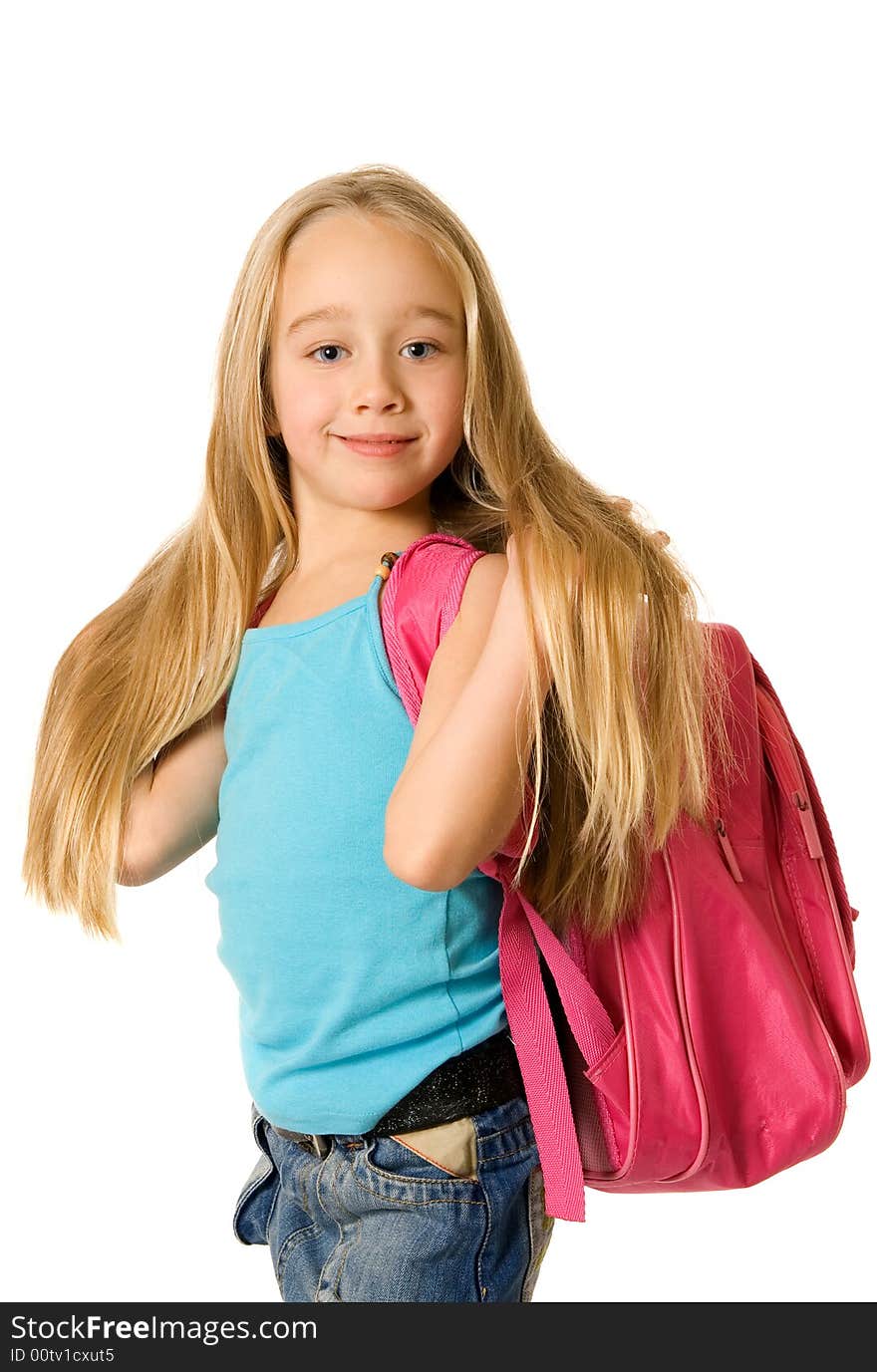 Young girl with a pink backpack