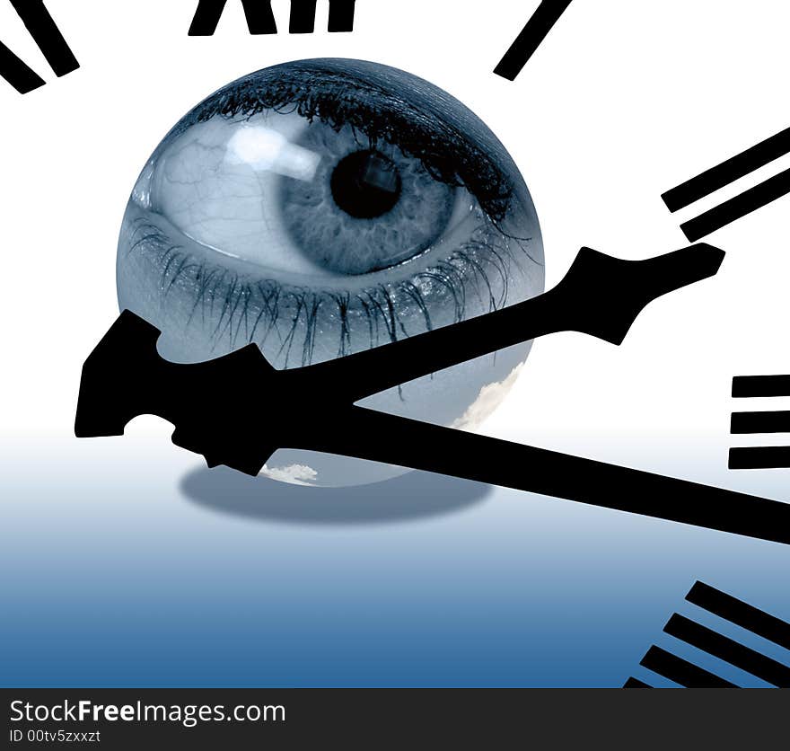 Clock face overlaid onto composite eye inside of globe. Clock face overlaid onto composite eye inside of globe