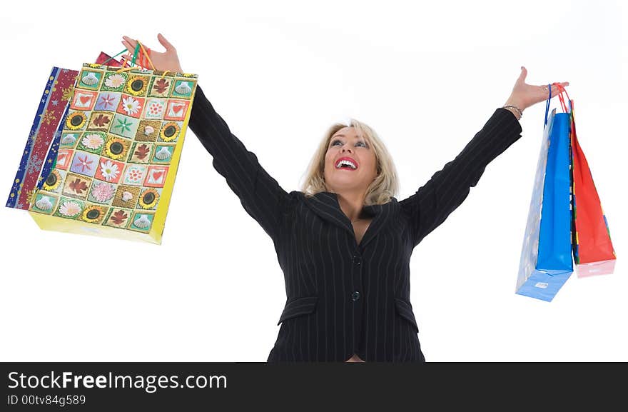 Expressive woman  on white background  shopping. Expressive woman  on white background  shopping