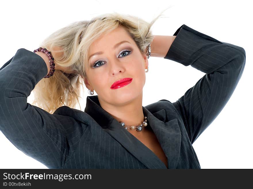 Portrait of the blonde with blue eye on white background