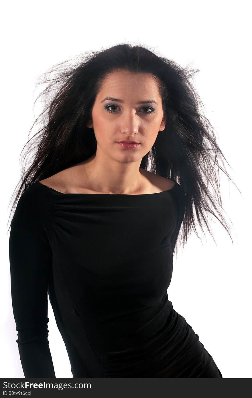 Girl in black dress on white background