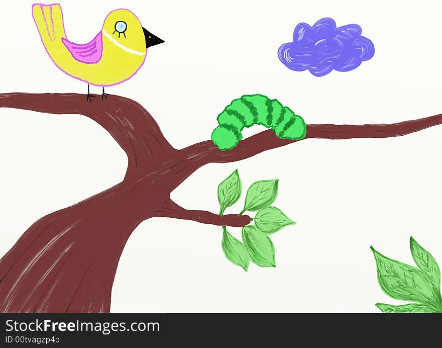 The birdy sitting on a tree and looking at a caterpillar. The raster image.