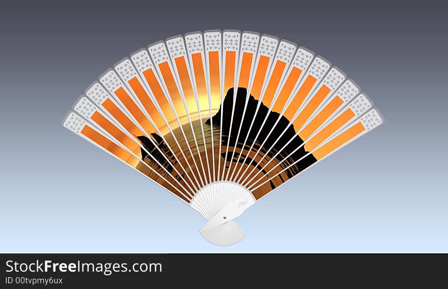 Chinese fan isolated on blue background.