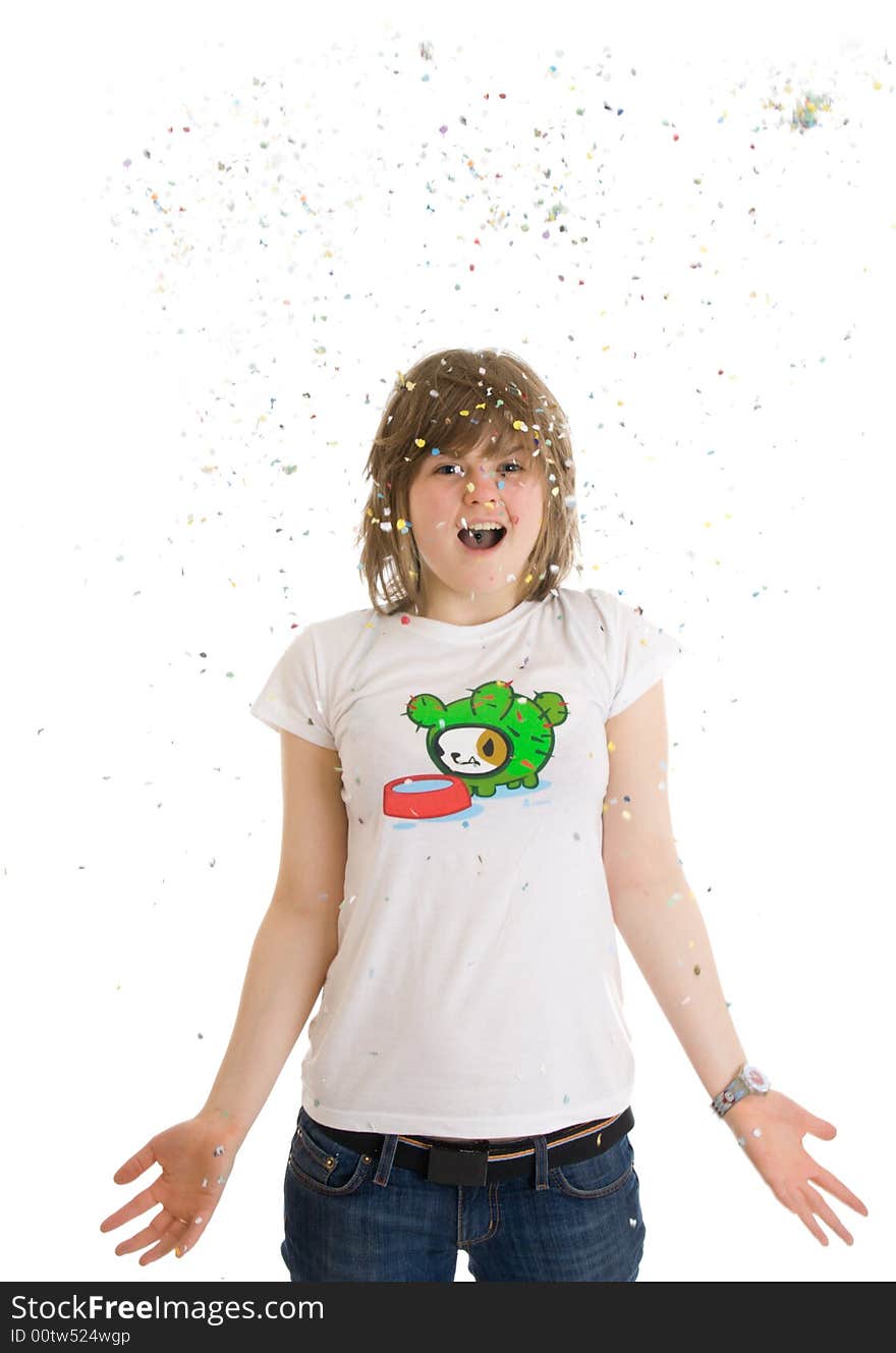 The Young Beautiful Girl With Confetti Isolated