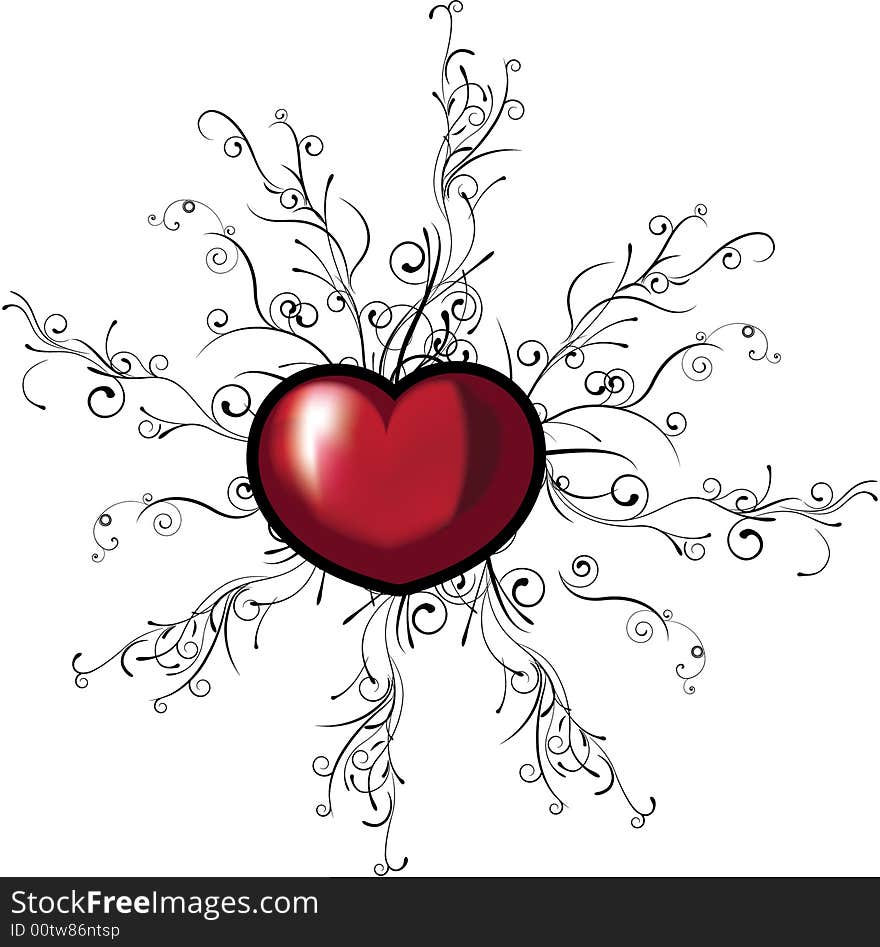 Illustration on glosst heart that gave life to flowers. Illustration on glosst heart that gave life to flowers