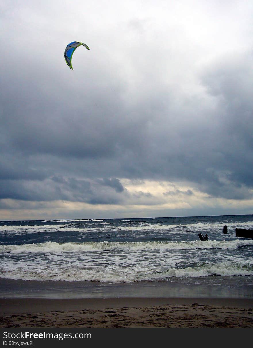 Kiteboarder preparing his kite