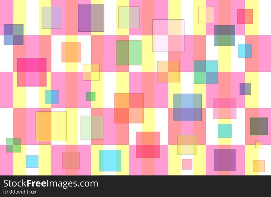 Pink & Yellow Checker pattern with floating multi- colored squares. Pink & Yellow Checker pattern with floating multi- colored squares.