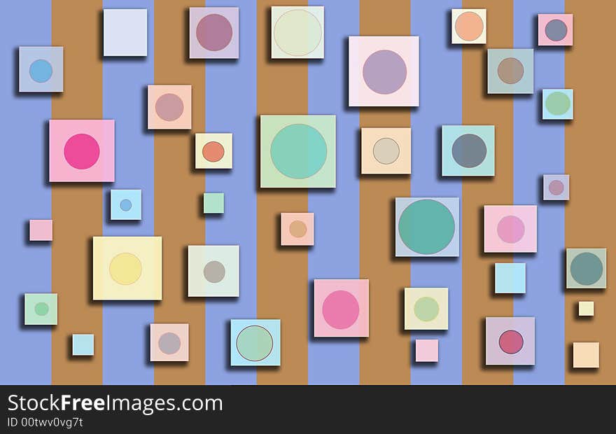 Blue & Beige striped pattern with floating multi-colored squares with round centers. Blue & Beige striped pattern with floating multi-colored squares with round centers.