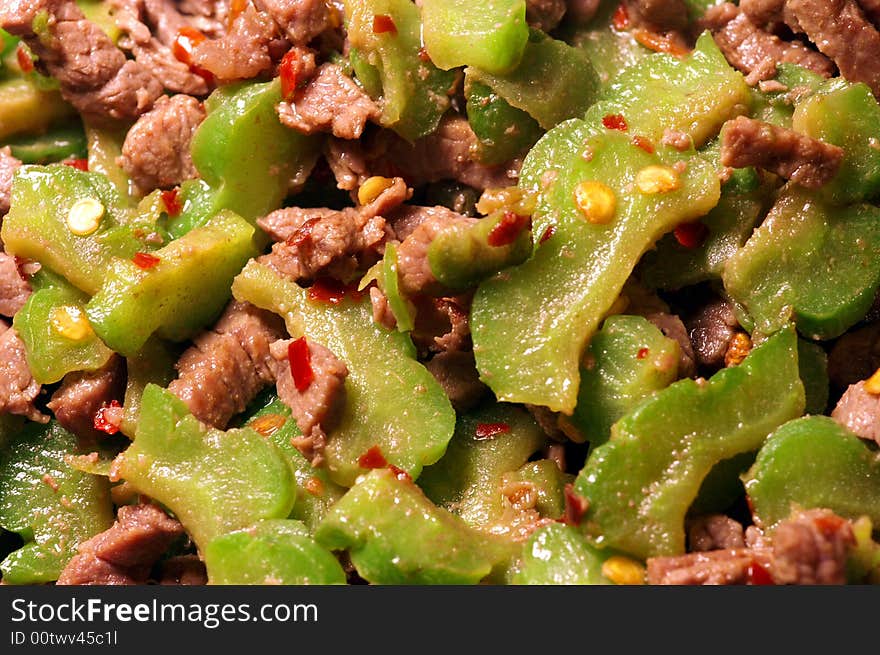 Chinese dish made with pork and balsam pear. Chinese dish made with pork and balsam pear