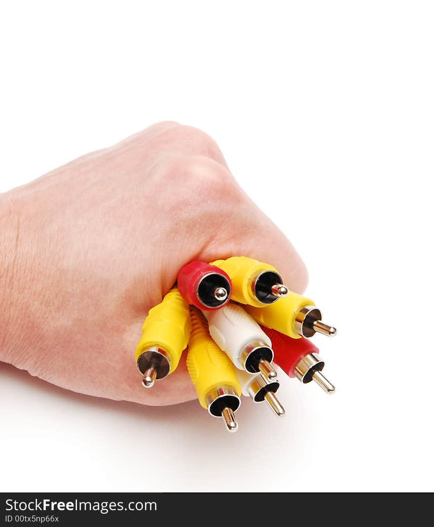 Varicoloured cable in a hand on a white background