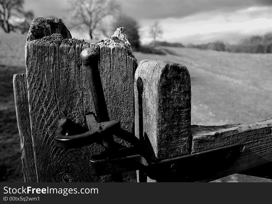 Rusty gate latch, knarled by horses. Rusty gate latch, knarled by horses