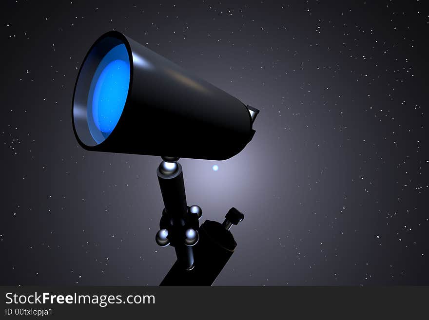 Telescope with lighted lens searching the heavens. Telescope with lighted lens searching the heavens