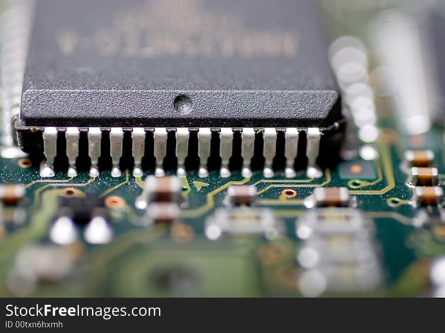 A macro close up at the integrated circuit