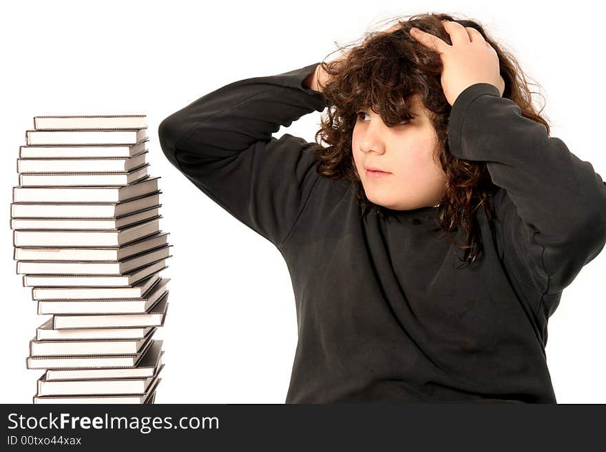 Boy surprised and many books on white background