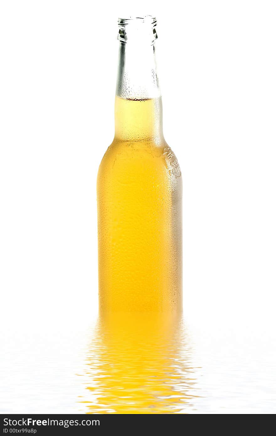 Beer bottle in water with reflection