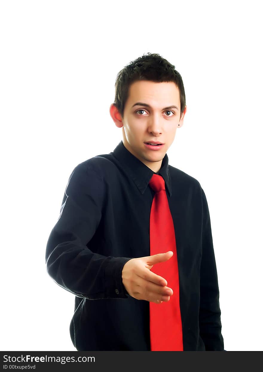 Young businessman handshake on a white background