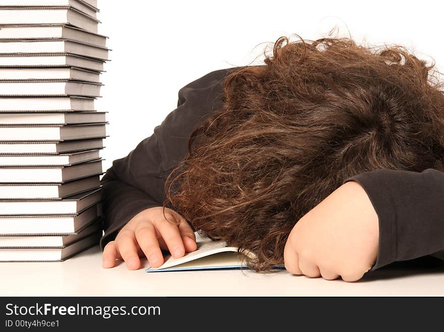 Boy sleeping and and many books on white background